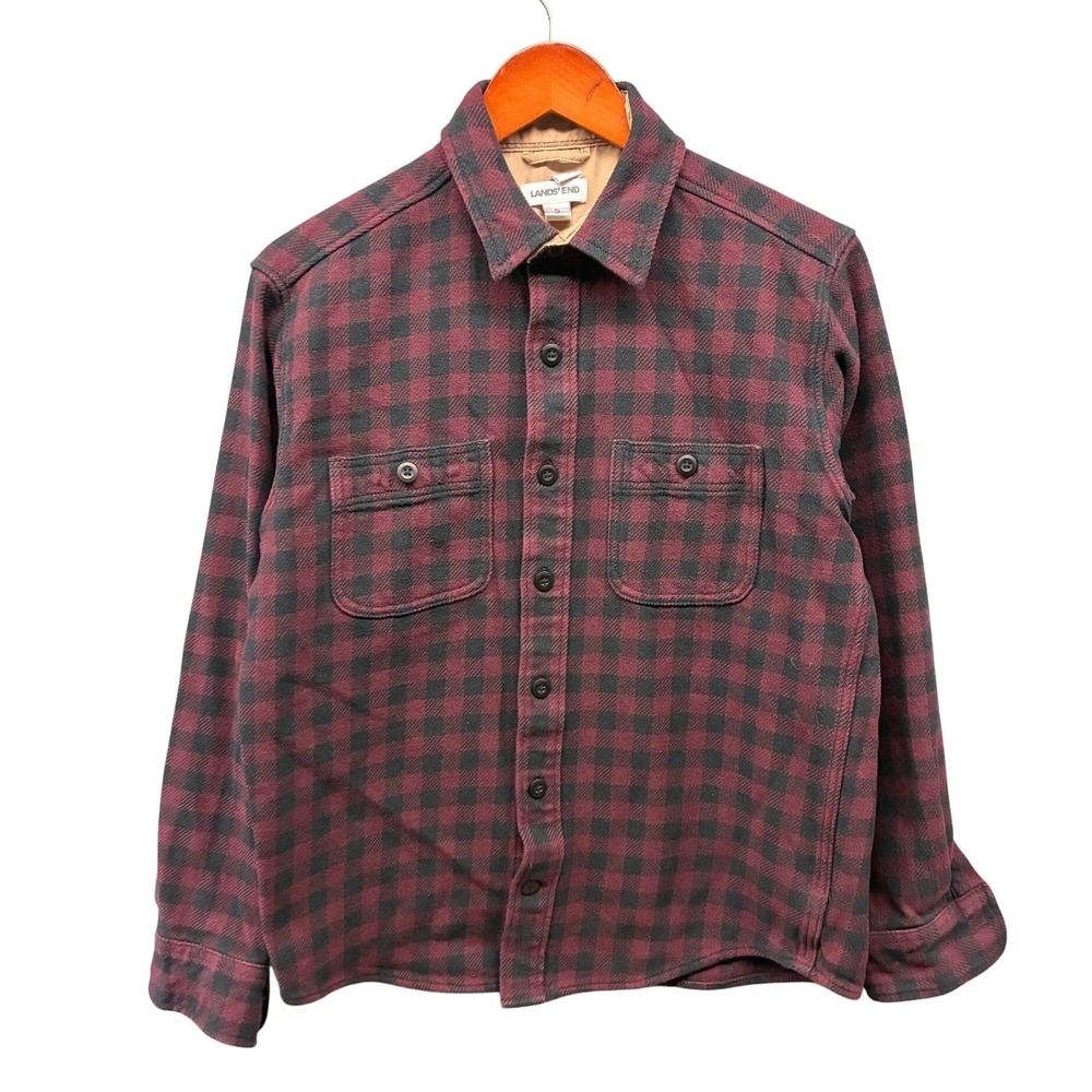 Lands' End Plaid Flannel Shirt Mens S Red Lined Workwear Utility Long Sleeve